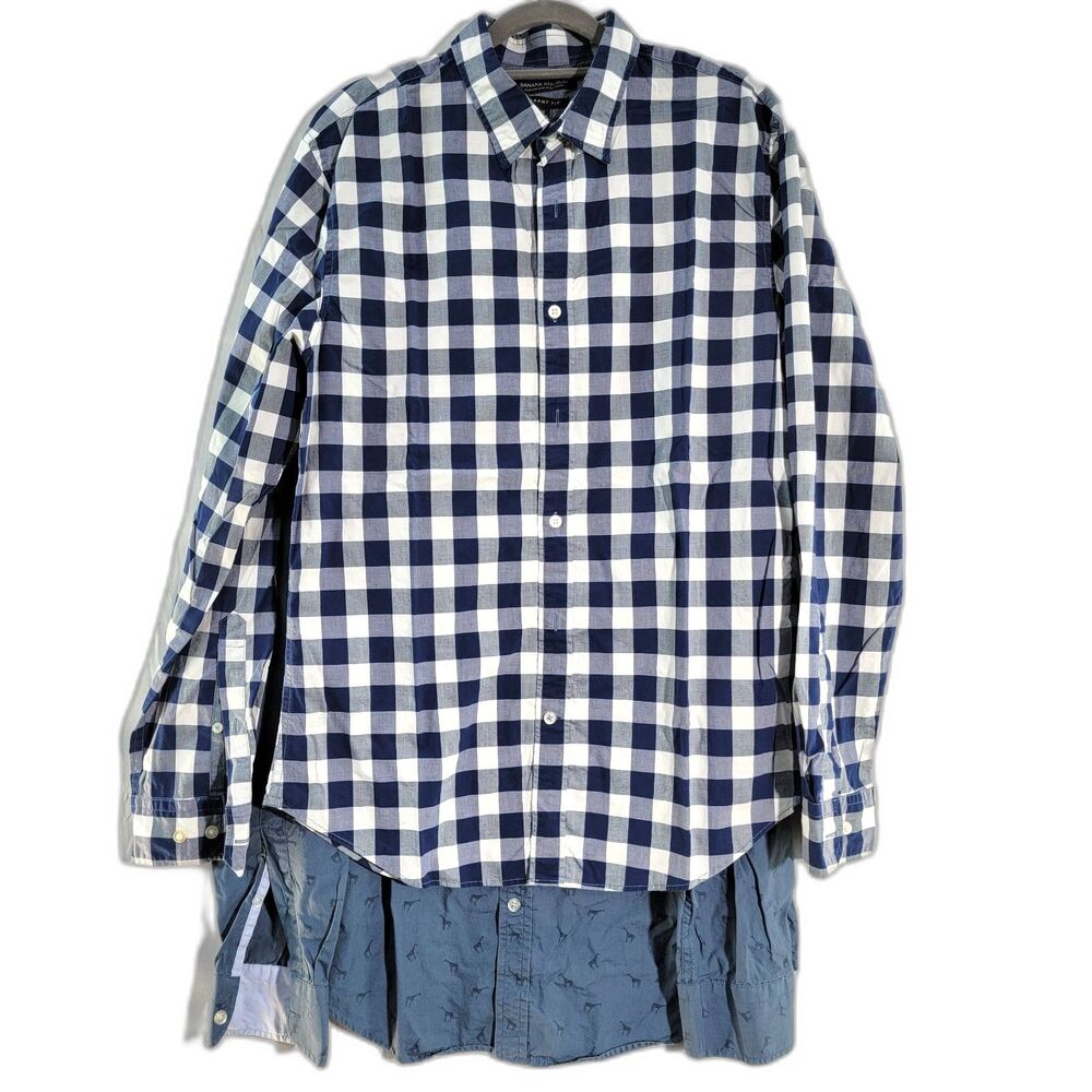 Bundle of 2 Banana Republic Blue Shirts Checkered Giraffe Print Grant Fit Slim M